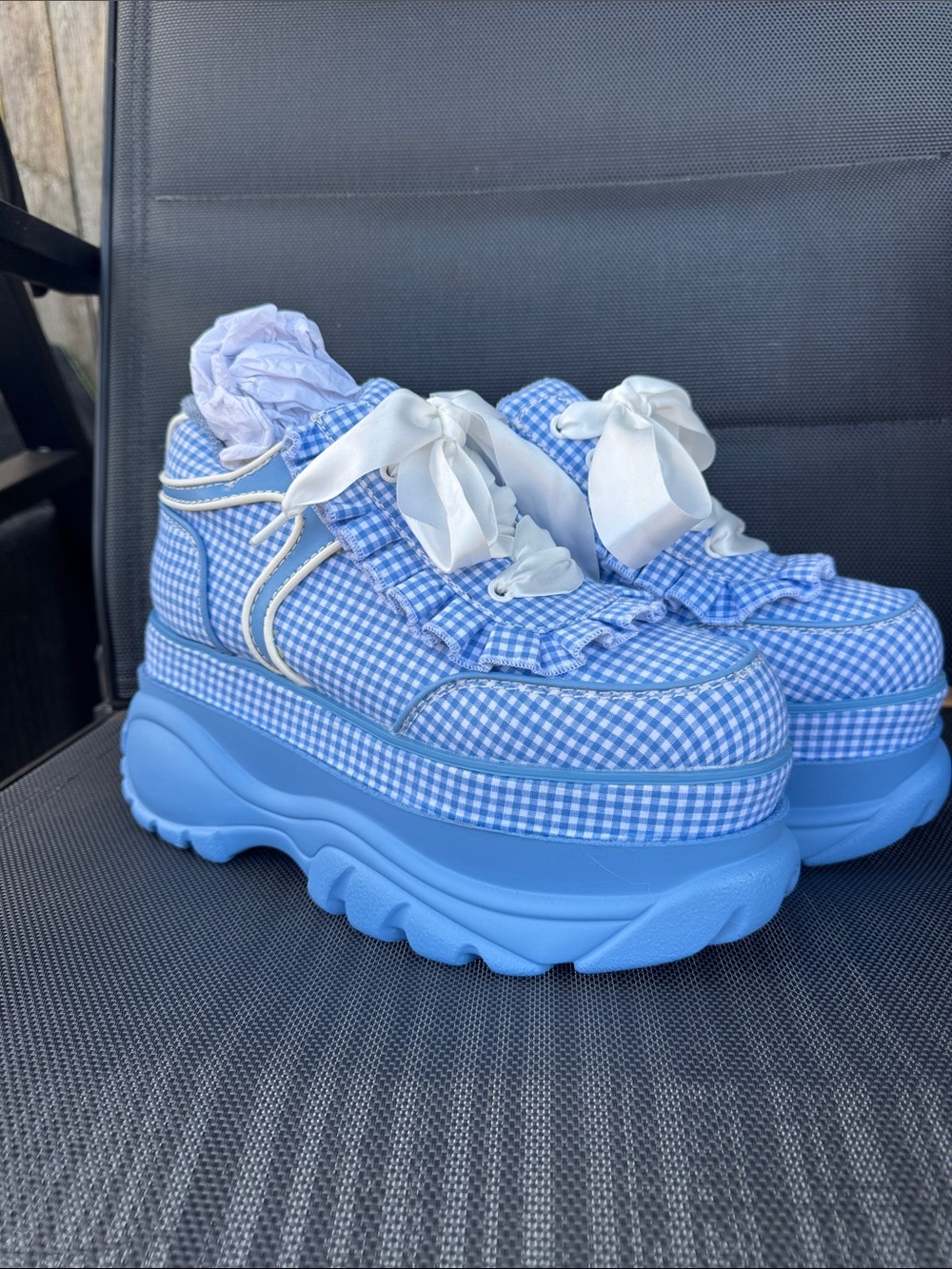 Sugar thrillz Blue Gingham Platform Sneakers with Satin Bow